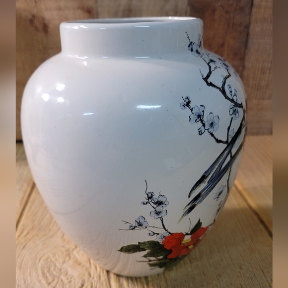 7-3/4 Tall Vase With Blue Jay Pair sitting on a branch. - Picture 5 of 7